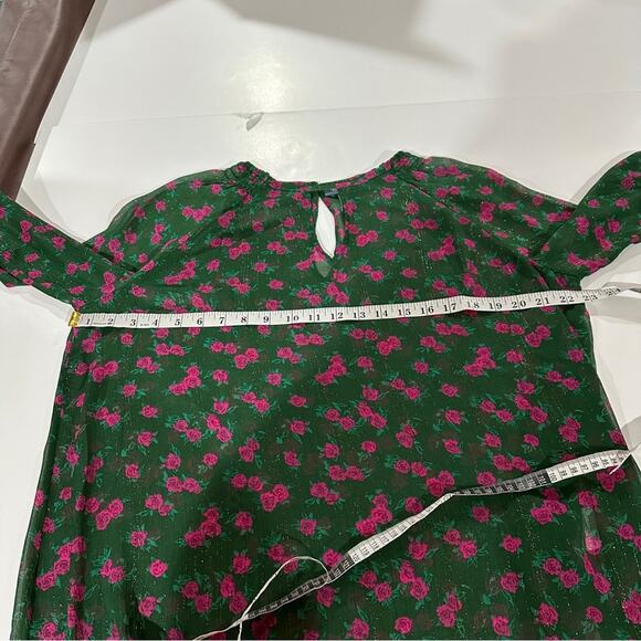 ModCloth Green & Pink Floral‎ Metallic Sheer Long Sleeve Blouse Size M - Picture 7 of 8